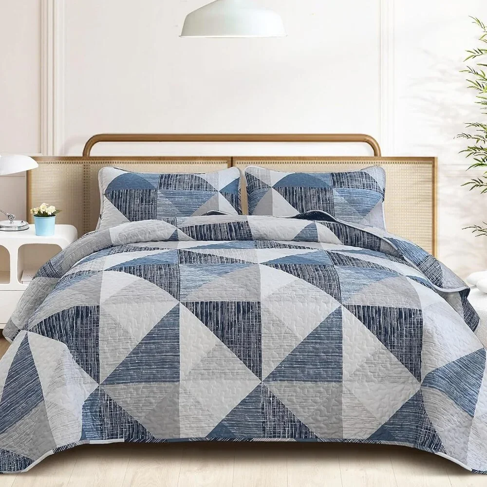 Super Soft Quilt Queen Size Blue 3 Pieces Patchwork Bedspread Bedding All Season